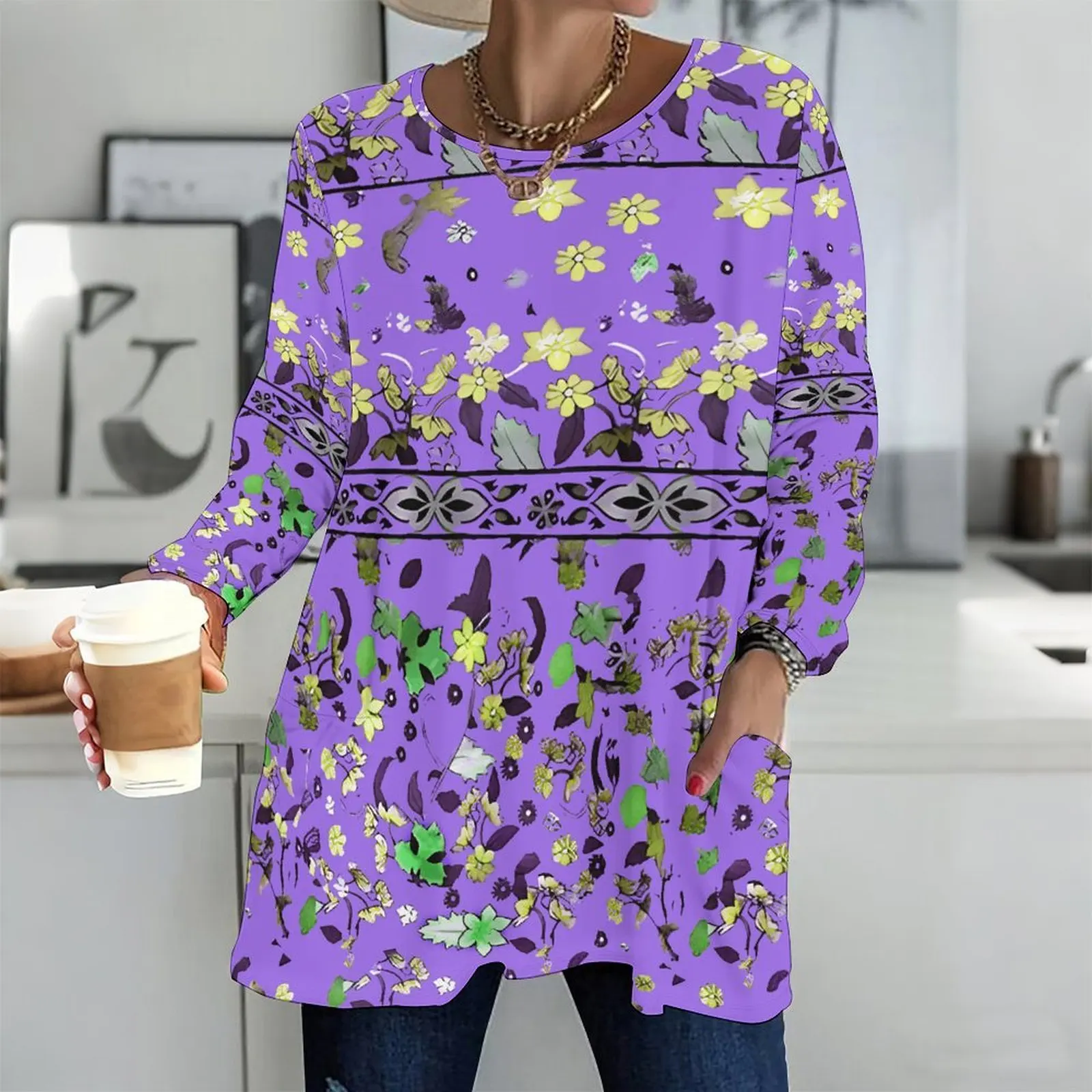 Women Round Neck Long Sleeve Front Pockets Loose Fit Longline Printed Top