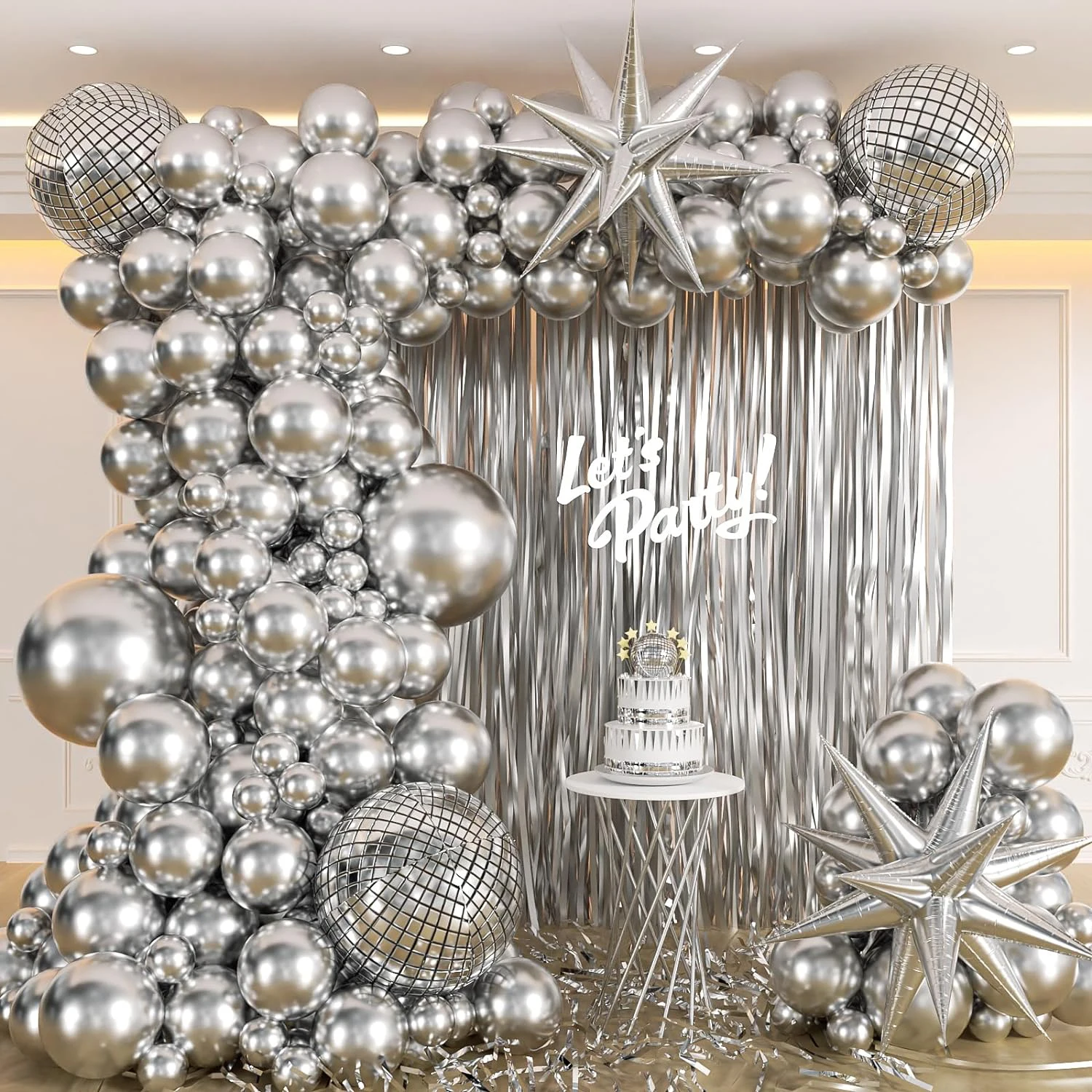 Metal silver arched disco balloon 2-meter silver tassel explosion star graduation birthday party background wall decoration