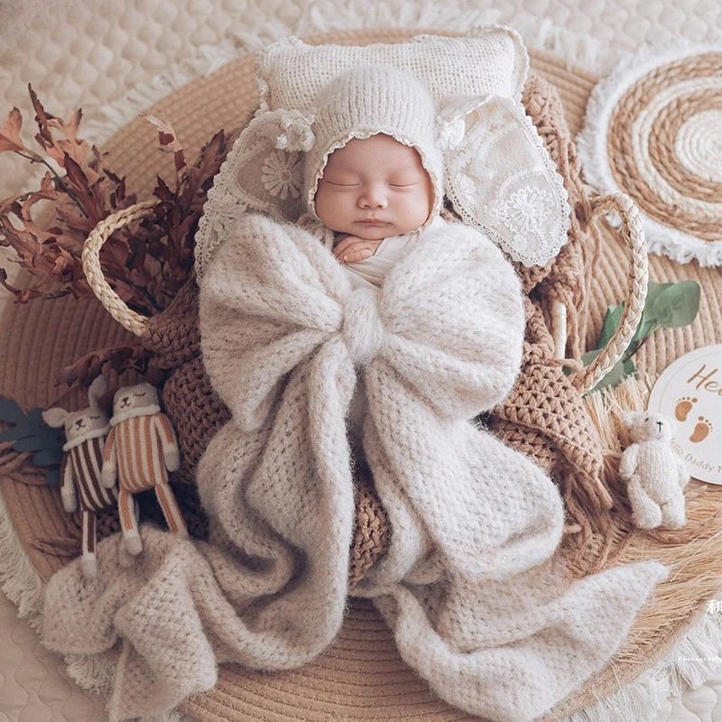 Newborn Photography Props Vintage Home Nordic Style Handmade Knitted Blanket Rattan Mat Basket Dolls Set for Baby Photoshoot