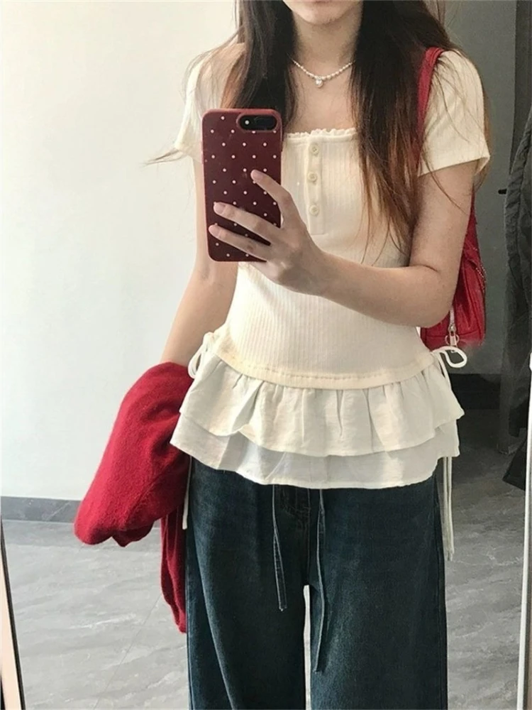 Koreańska Słodka Koronkowa Bluzka z Dekoltem U i Krótkim Rękawem Damska Letnia Elegancka Wyszukana Wyszczuplająca Koszulka Harajuku Podkoszulek Patchworkowe T-shirty