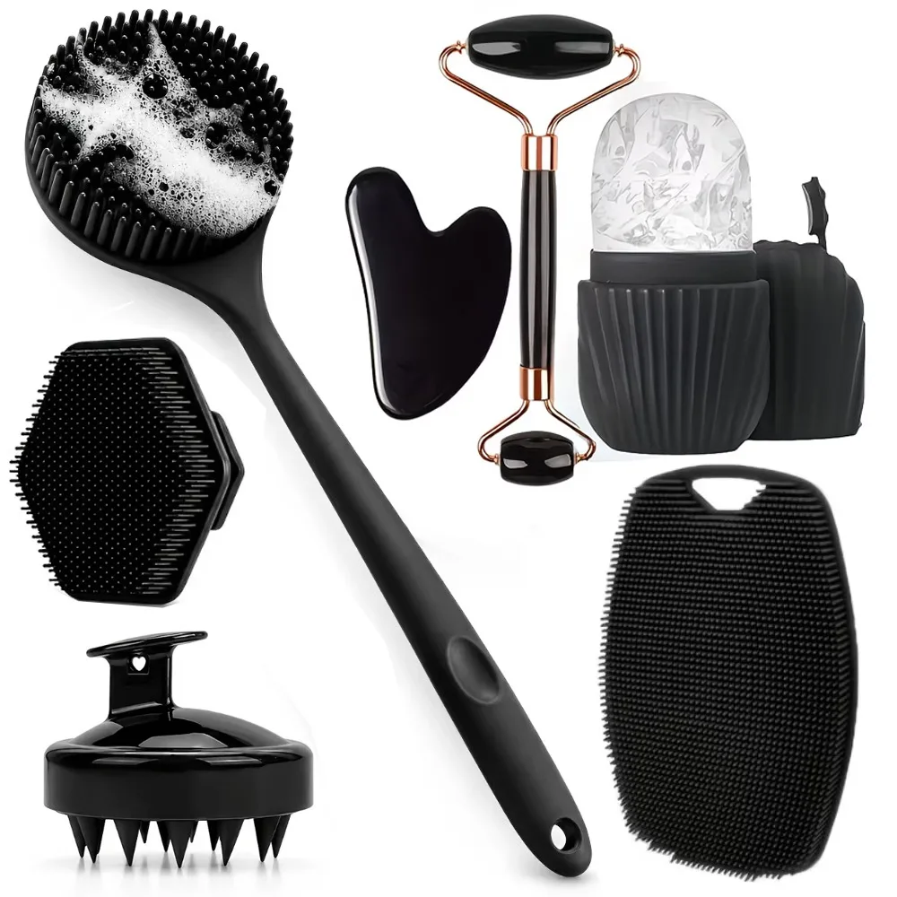 Conjunto de Cuidados Corporais para Banho 7/4/3 Peças: Escova de Silicone de Cabo Longo para Costas, Massageador de Couro Cabeludo, Rolo Esfoliante Facial e Ferramentas de Massagem Gua Sha