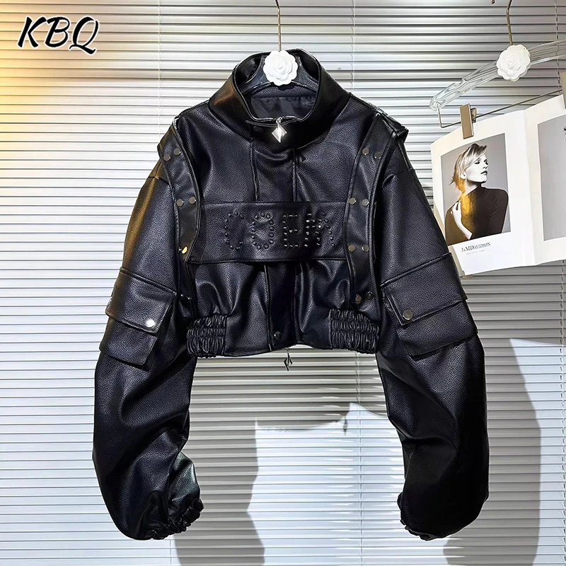 

KBQ Solid Spliced Pockets Design Coats for Women Stand Collar Long Sleeve Patchwork Button Jackets Fmale Fashion Style Summer