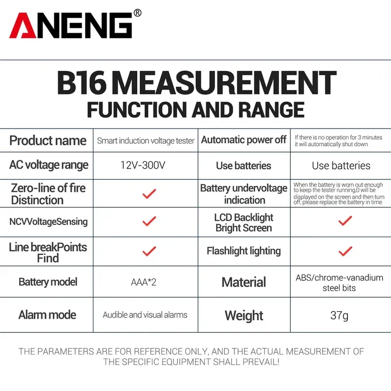 ANENG B16 Lntelligent Sensing Digital Measuring Pen Non-Contact 12V-300V Voltage Detector NCV Voltage Probing Tester Meter Tools