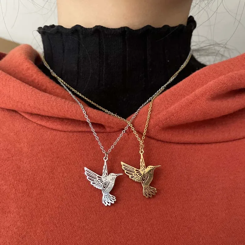 Fashion Hummingbird Necklace Jewelry Humming Bird Pendant Stainless Steel Non Tarnish Silver 18K Gold Color Women Bijoux