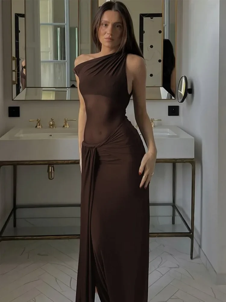 XIAOTANG 傾斜ショルダーバックレスセクシーなマキシドレス女性ガウンファッションノースリーブシースルードレープクラブロングドレスエレガント