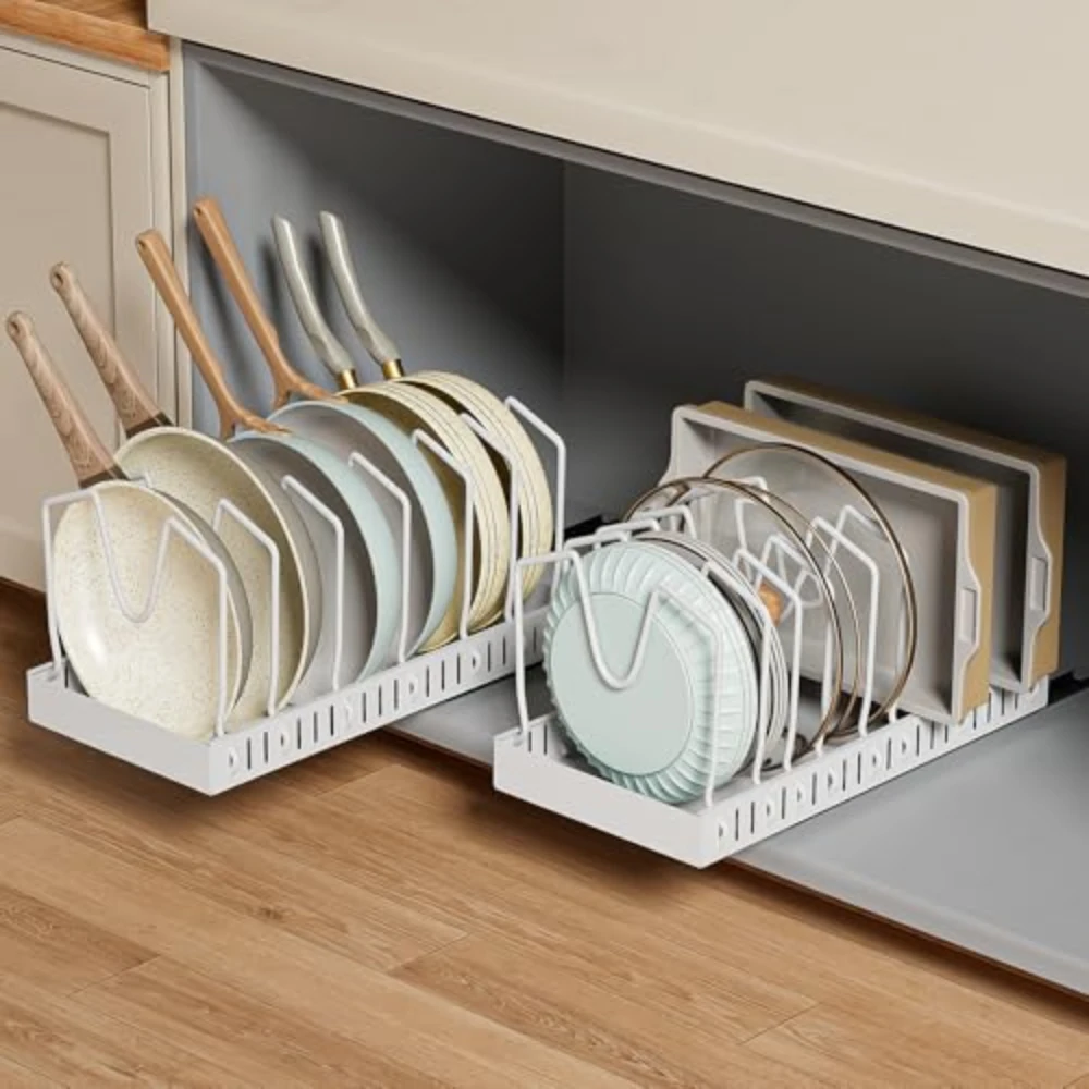 New Kitchen Pull-Out Pot Rack Adjustable Cookware Storage Rack with Slide Rails Metal Dish Rack Pot Lid Holder Tray Organizer