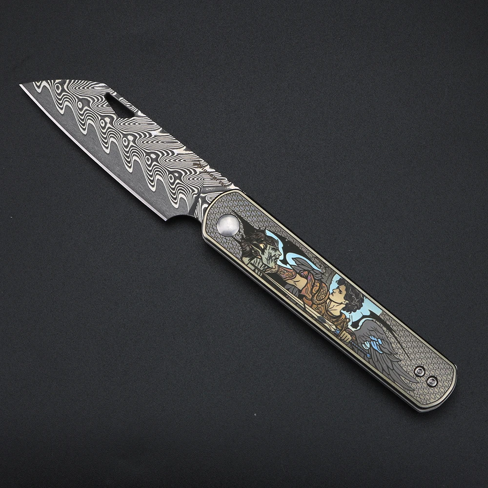 XUANTENG [Angel Overcomes the Devil] Titanium alloy handle pocket knife VG10 Damascus folding knife view 3