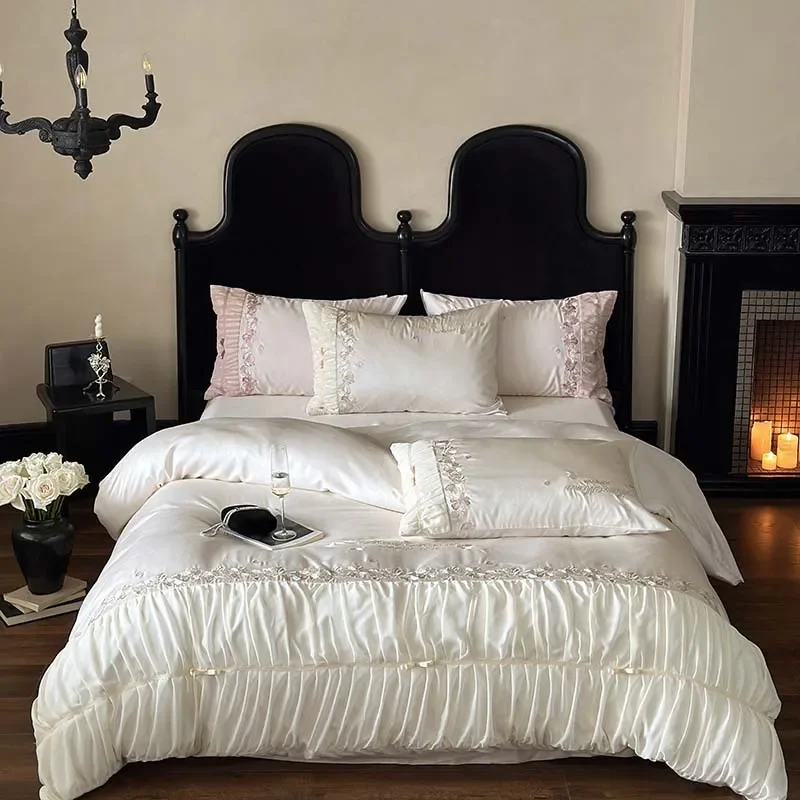 for European 2024 New 100 Lenzing Tencel Four Piece High End Embroidery Sleeping Princess Wind Bedding Set
