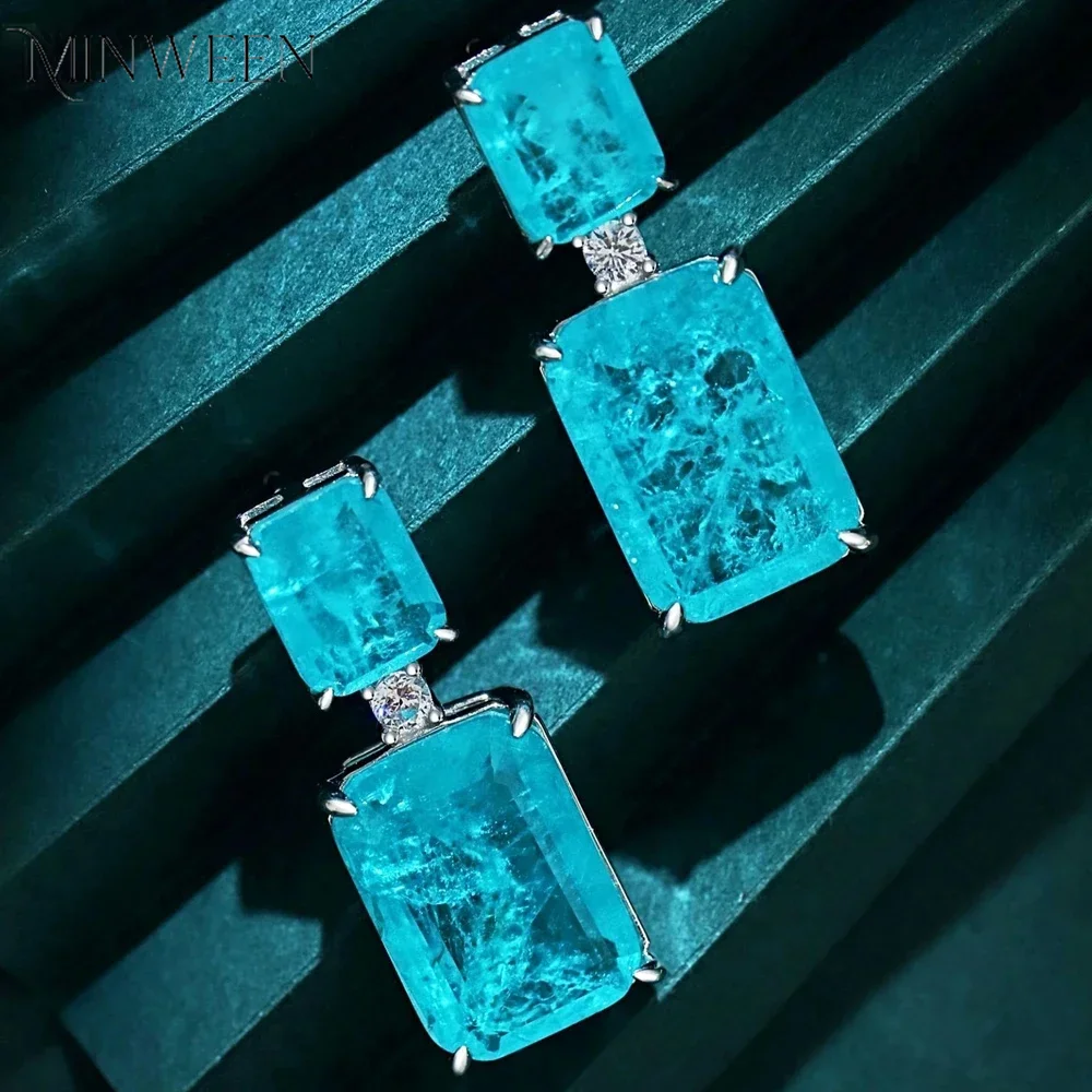 

100% 925 Sterling Silver Rectangle Lab Created Paraiba Drop Earrings with Pariba Blue Stones Fine Jewelry for Women