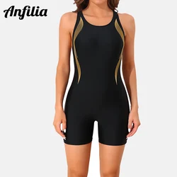 Anfilia Women One-piece Sports Swimsuit Professional Training Athletic Boyleg Racerback Bathing Suit Wave Line Printing Swimwear