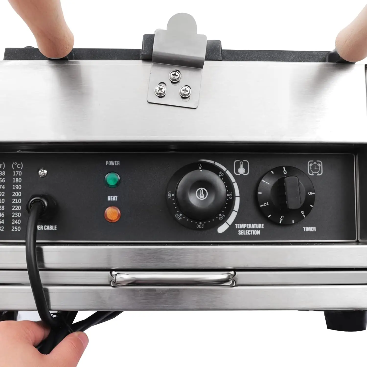 ماكينة صنع الوافل الكهربائية، ماكينة الوافل المربعة التجارية، 3 قطع ماكينة صنع الوافل على شكل قرص العسل من الفولاذ المقاوم للصدأ، مع درجة الحرارة والوقت