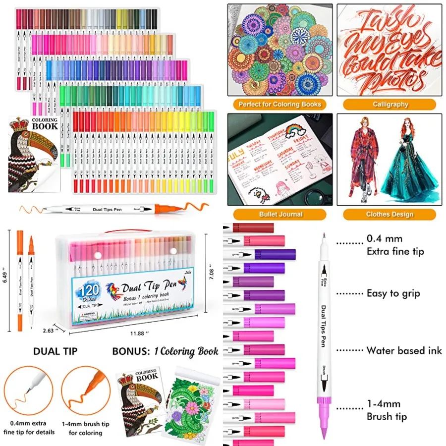

Lelix 120 Colors Dual Tips Brush Pens Art Markers with Coloring Book Brush and Fine Point Pens for Adults and Ideal for Colorin
