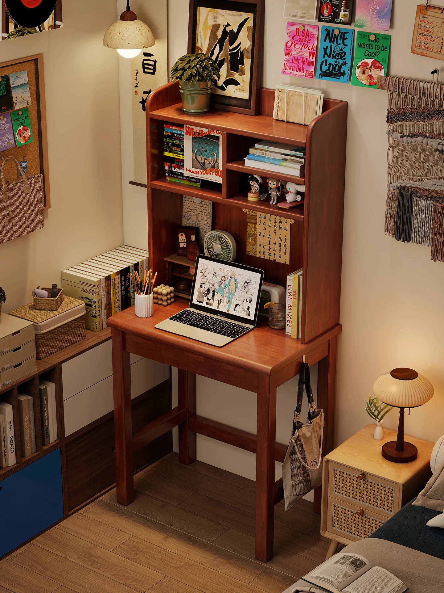 

Medieval style solid wood bookshelf integrated household bedroom simple computer desk