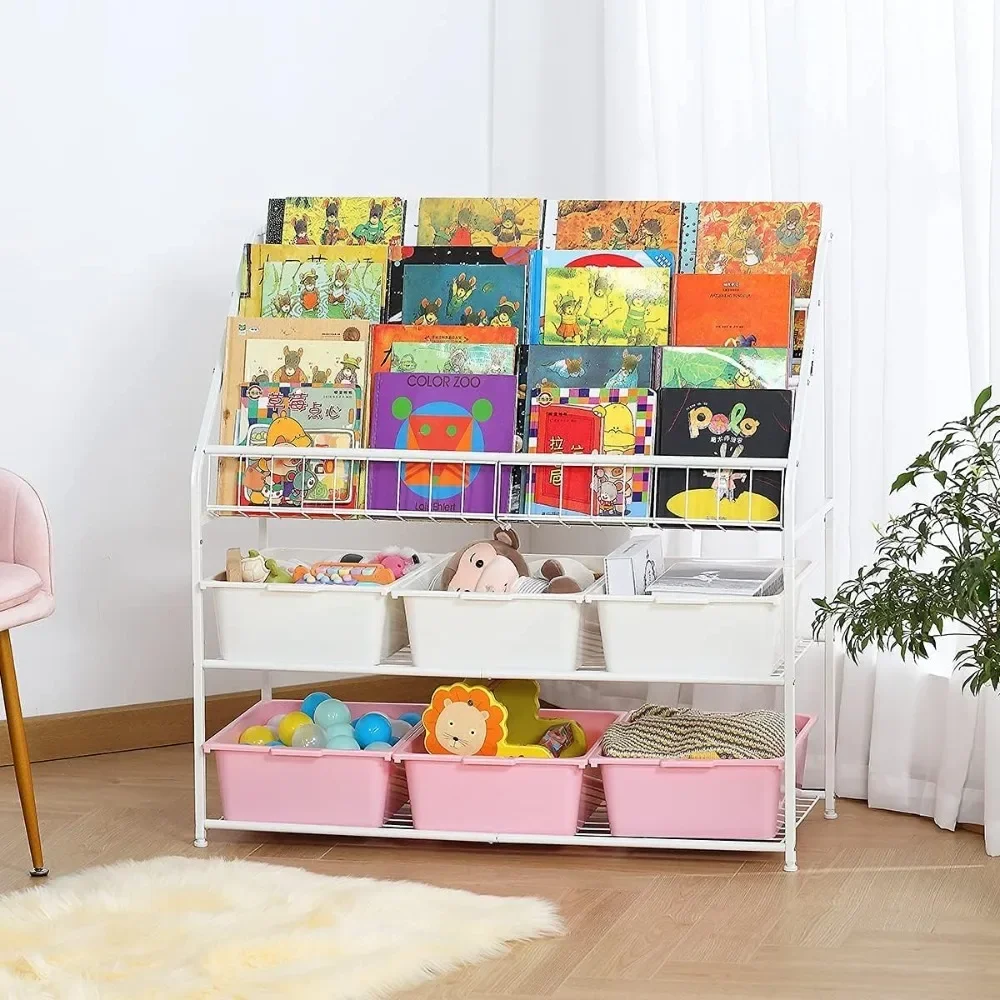 Large Kids Bookshelf With 6 Storage Box,5 Tier Metal Kids Bookcases Children's Toy Storage Rack, 6 Storage Drawer for Books Toys