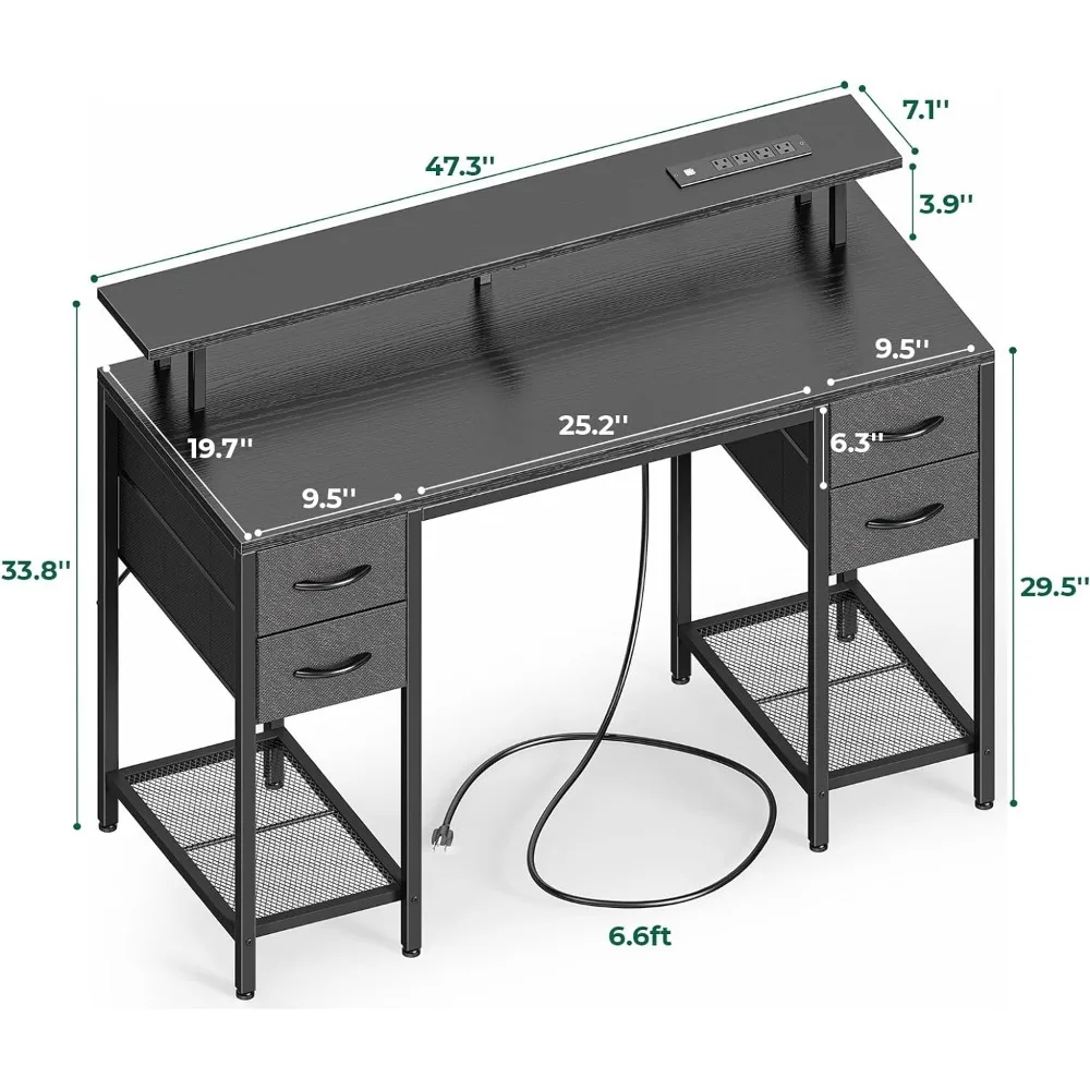 مكتب كمبيوتر مع أضواء LED ومنافذ طاقة ، مكتب منزلي ، مساحة تخزين كبيرة ، 4 أدراج ، مكتب ألعاب ، 47 بوصة