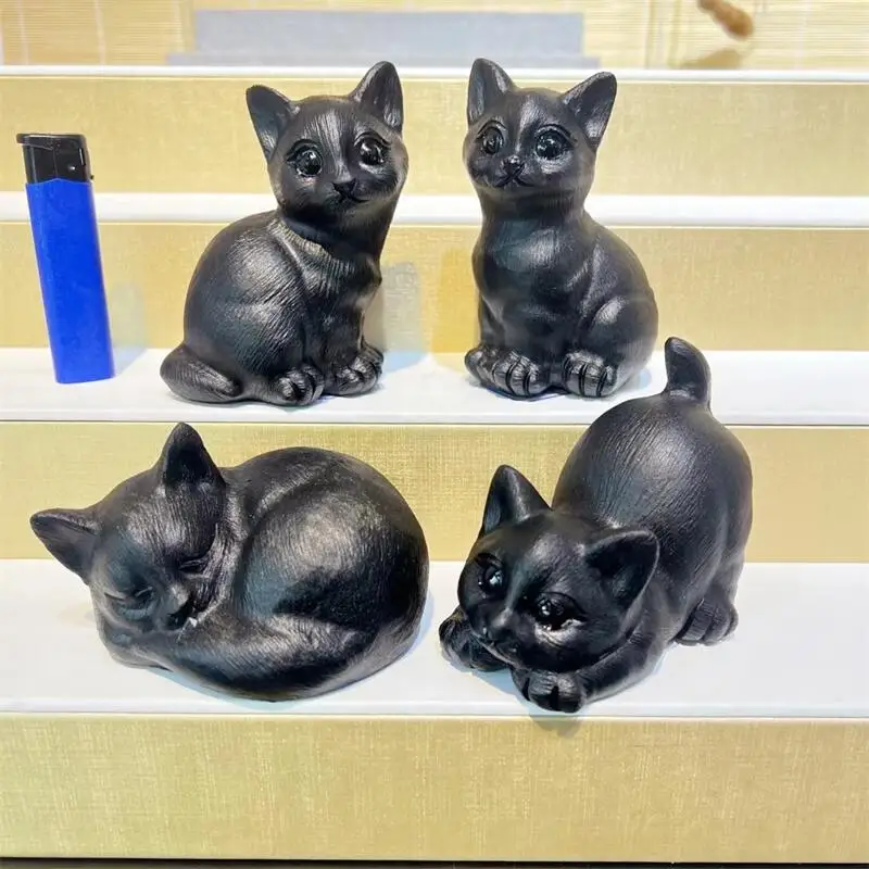 

10CM Natural Black Obsidian Kitten Cat Carving Animal Fish Tank Landscaping Carving Healing Christmas Home Decoration Gift 1pcs