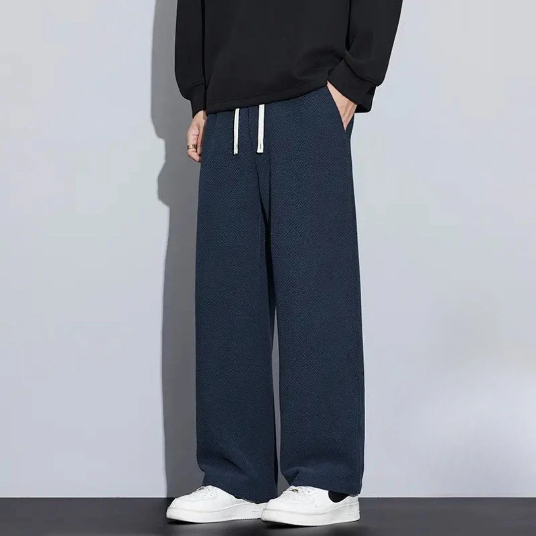 Mens Twill Knitted Straight Pants Drape Fit Loose Durable Casual Sport Trousers Autumn Winter Trendy New