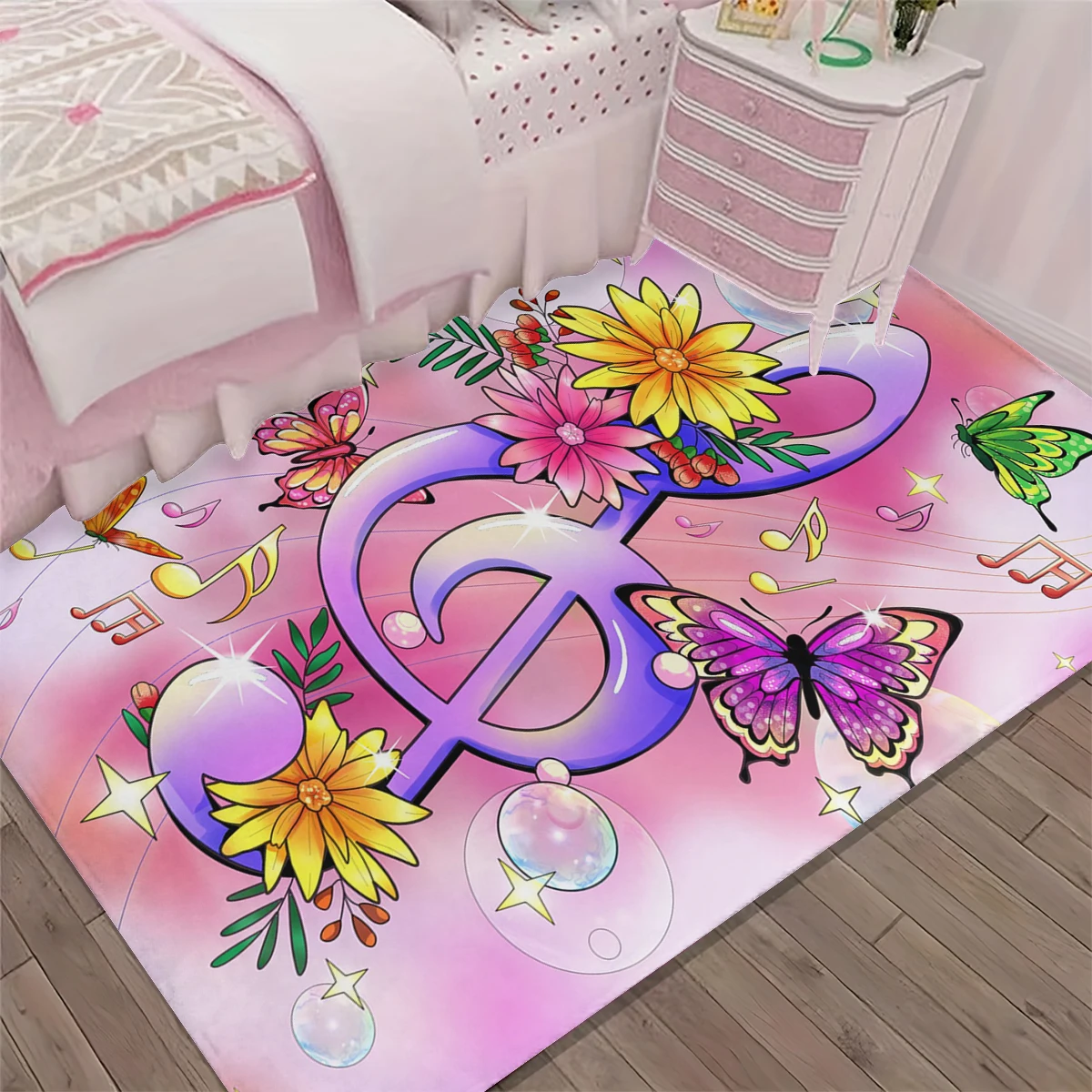 1Pc Carpet That Brings Romantic Melodies to Your Feet, with Music Notes, Butterflies, and Flowers, Anti-Slip Carpet for a Girly Touch