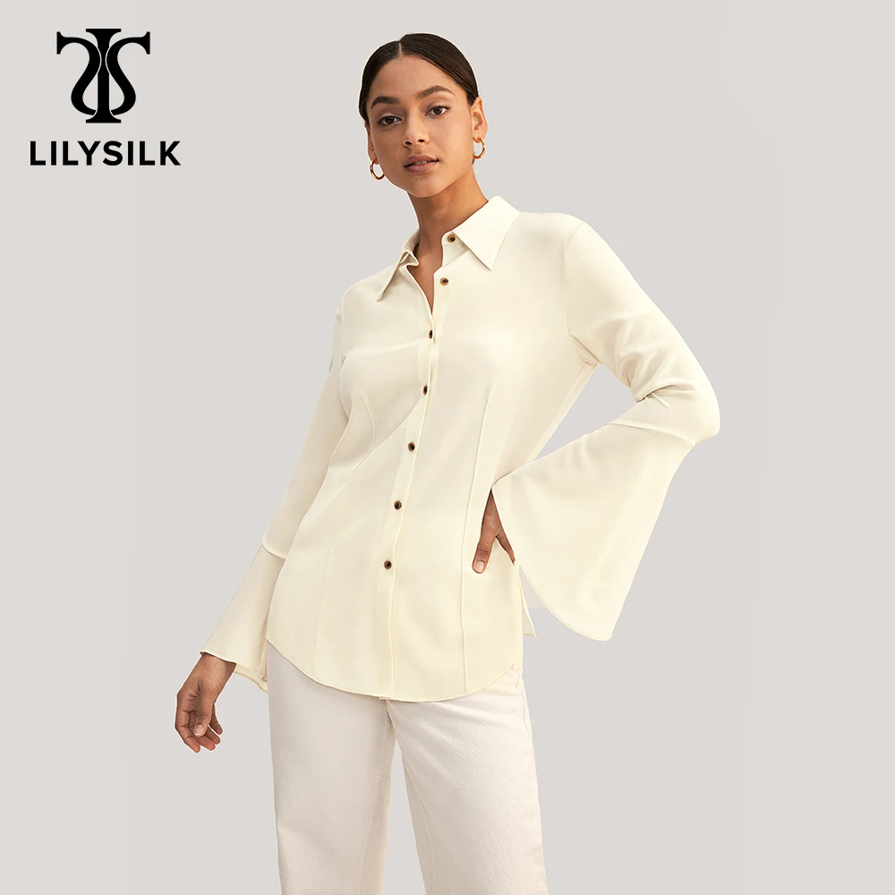 Lilysilk 100 Zijden Blouse Vrouwen 18 Momme Lange Flare Mouw Knop Front Turn Down Kraag Top Dames Outfits Gratis verzending