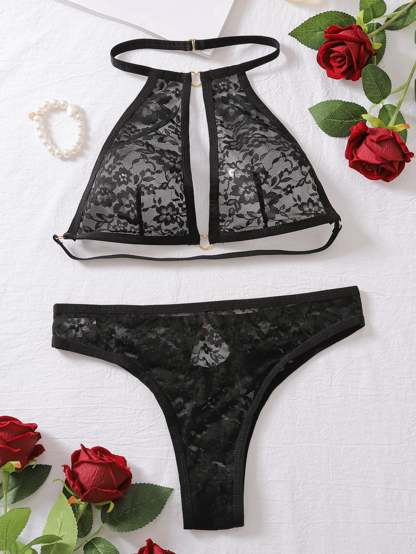 مجموعة ملابس داخلية نسائية مثيرة ، دانتيل برقبة رقبة ، حمالة صدر رافعة ، ملابس داخلية سوداء غير ملحومة