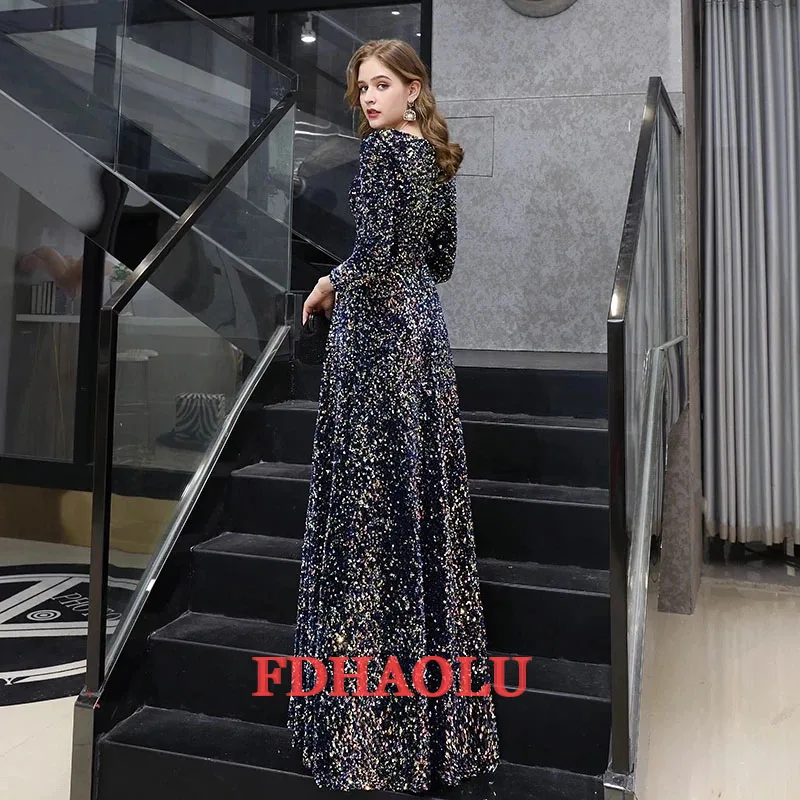 2024 Custom Long Sleeves Prom Dresses New Elegant O-Neck Floor-length Sequin Women Formal Gown Plus Size For Evening Party Dress