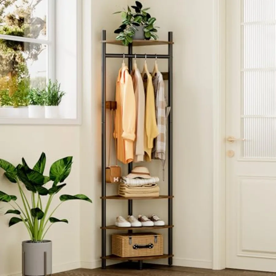 Corner Hall Tree with Shoe Rack Entryway Coat Rack with 6 Metal Movable Hooks Floor Standing Clothes Rack Organizer for Home Of