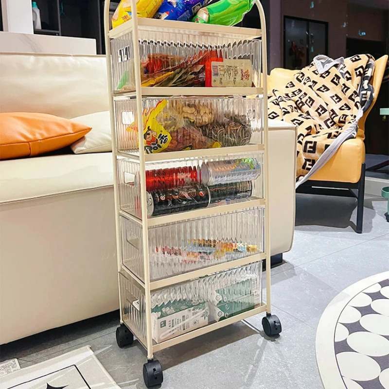 Multi-Level Movable Snack Storage Rack Seam-Fitting Organizer for Bedroom Living Room and Bathroom with Small Cart