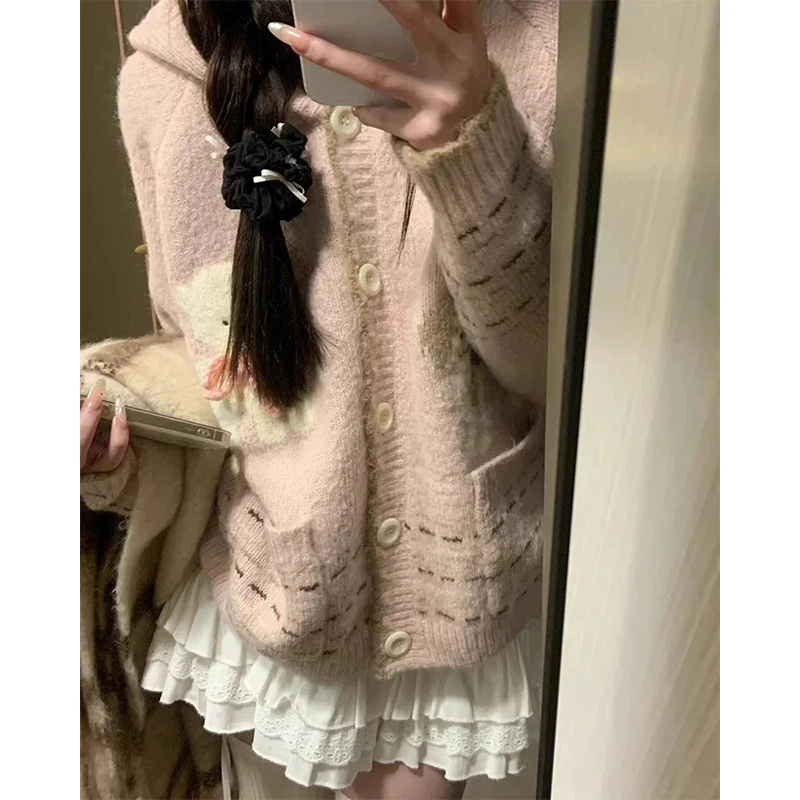 MEXZT Kawaii Pink Hooded Knitted Cardigan Women Cartoon Print Sweater Outerwear Japanese Long Sleeve Knitwear Winter Jumpers New