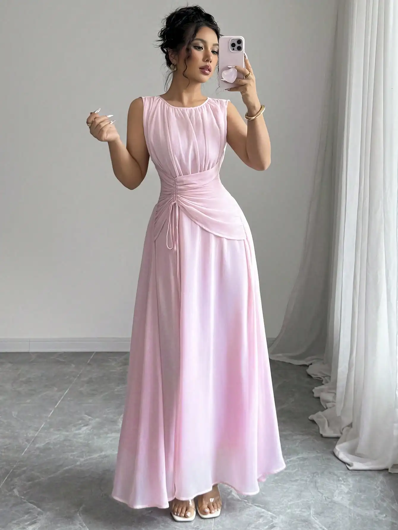 

Pink Sleeveless Chiffon Maxi Dress with Drawstring Waist and Pleated Back