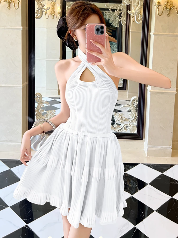 Summer White Knitted Patchwork Ruffled Mini Dress Women Elegant Neck-mounted Sexy Dress 2025 Korean Fashion Bodycon Chic Dresses