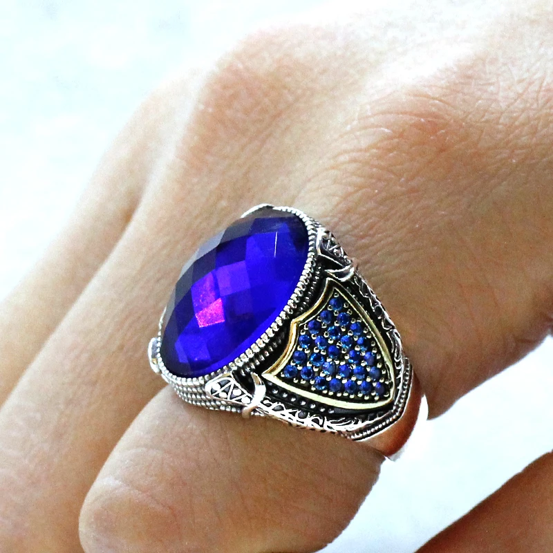 Punk Hip Hop s925 Sterling Silver Türkiye Men\'s Handmade Ring Fashion Blue Glass Stone Luxury Valentine\'s Day Party Jewelry Gift