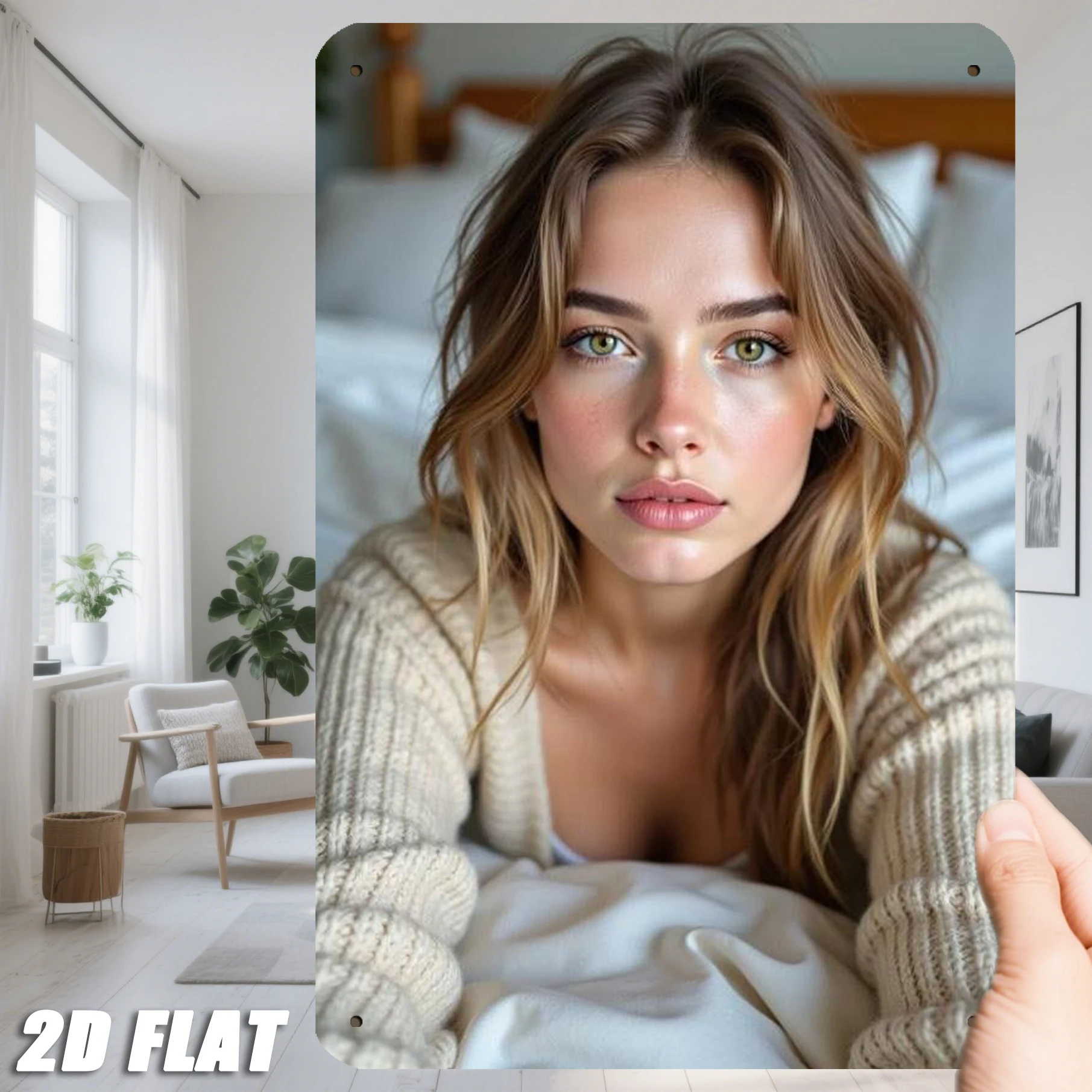 Vintage Metallschild „Gemütliche junge Frau“ – Retro-Mädchen mit welligem hellbraunem Haar in beigefarbener Strickjacke, posiert auf weichem Beige
