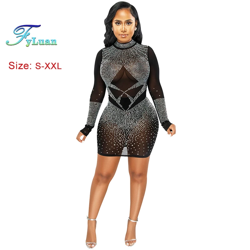 قائمة جديدة المرأة فستان قصير شبكة منظور طويلة الأكمام ضيقة التفاف الورك فستان رسمي حفلة موسيقية عالية مساء عيد ميلاد رداء
