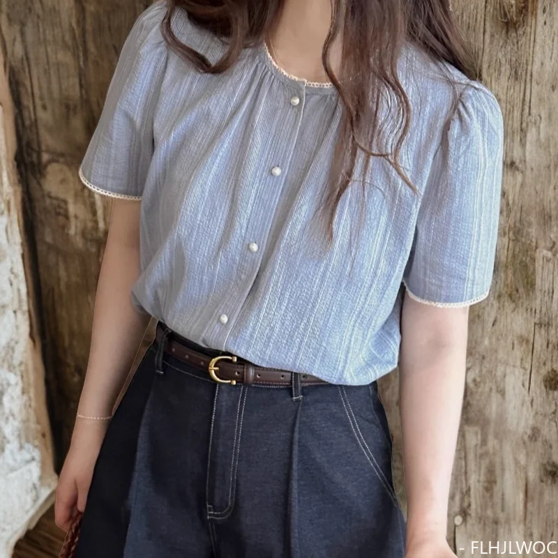 코튼 블렌드 블루 스트라이프 상의, 귀여운 일본 스타일, 소녀 레트로 빈티지 캐주얼 싱글 브레스트 단추 셔츠, 여름