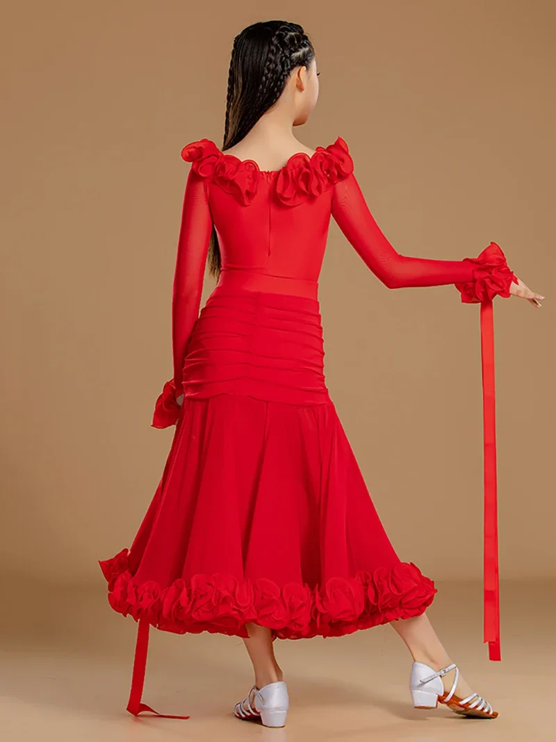 Roter Walzer, Tango, Gesellschaftstanz, professionelle Kleider, Netz-Body und große Rüschenröcke, moderne Tanzkostüme für Kinder und Mädchen