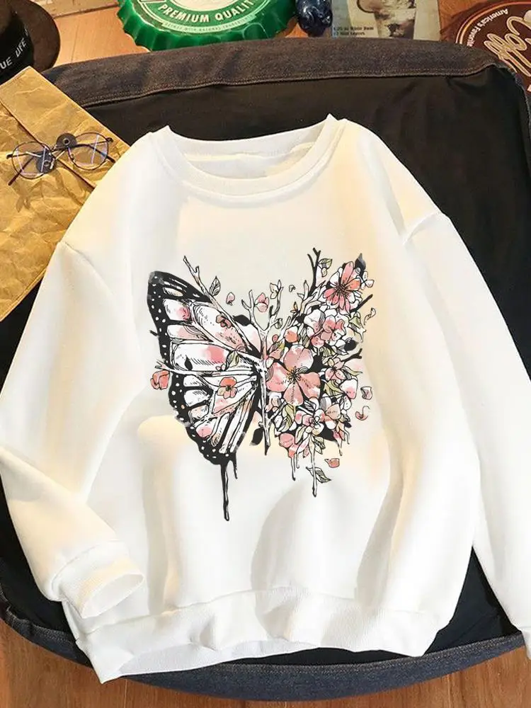 

Women Fleece Clothing Print Long Sleeve Clothes Female Fashion Flower Butterfly Trend Cute Pullovers Graphic Sweatshirts