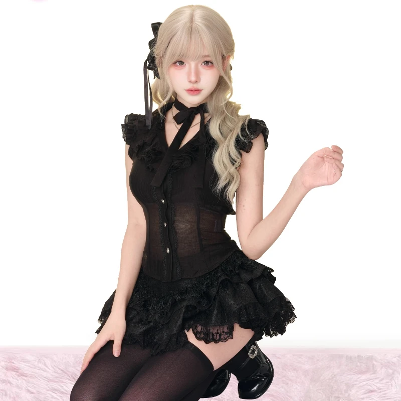 Original Design 2025 Summer Black Slightly Transparent Women's Top Japanese Lace Hollow Out Sweet Mini Cake Skirt Sets Ladies