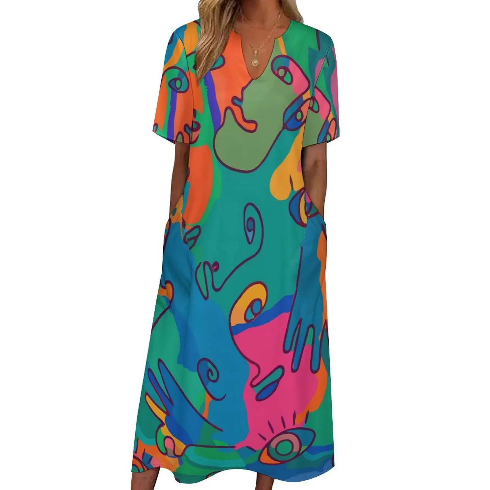 

Женское винтажное платье с коротким рукавом, длинное платье в богемном стиле с абстрактным изображением лица и пальцев, платье-макси с цветными вставками, одежда на лето