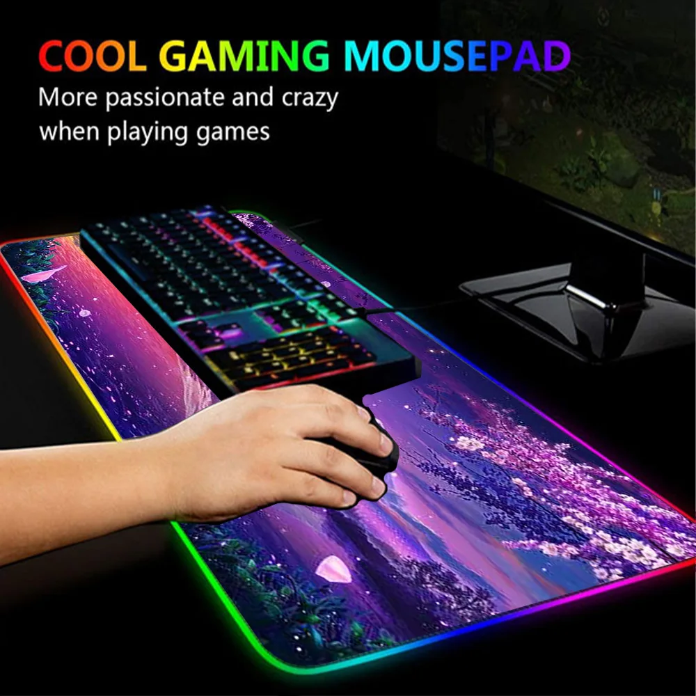 Paarse Muismat Gaming Accessoires Mount Fuji Sakura Custom Deskmat Led Tapijt Kersenbloesem Mousepad Gamer 90X40 Backlit Mat