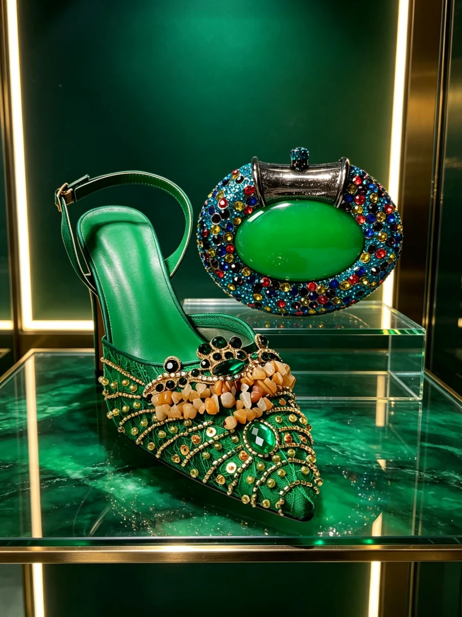 

2026Emerald Green Jade Inlay Oval Crystal Clutch Bag Matching Lace Gemstone Pointed Slingback Heels Women Runway Party Shoes Set