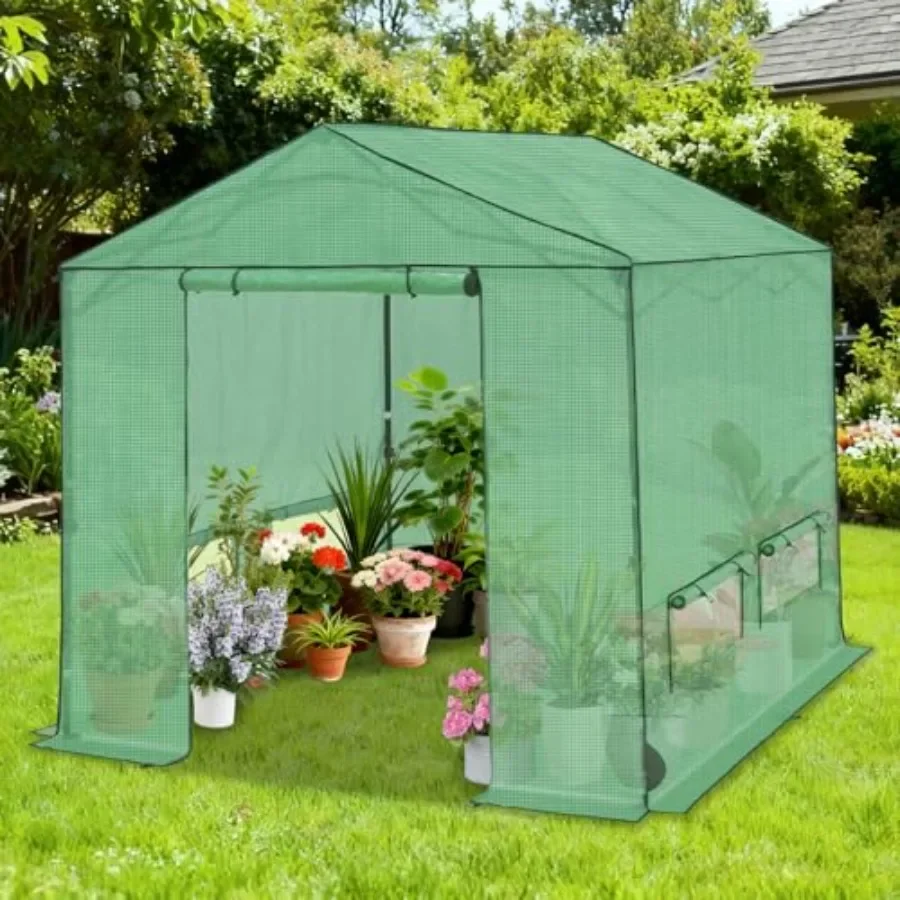 Pop Up Greenhouse Outdoor, Walk in Garden Greenhouse with Power Access Openings, Zippered Doors and Windows, PE Cover, Green
