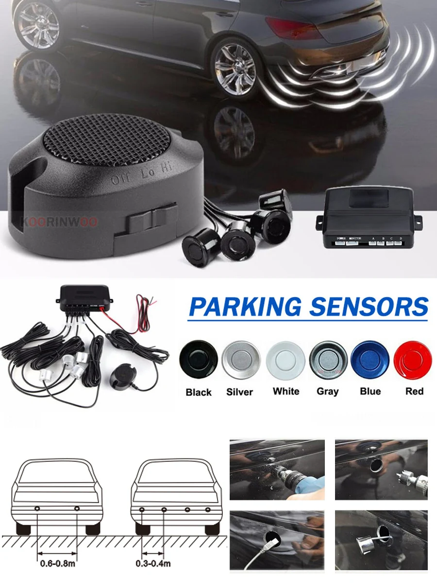 Koorinwoo Car Parking Sensor Parktronics 4 Black/silver/white 22mm Adjustable Speaker Reverse Backup Radar Buzzer Alarm System