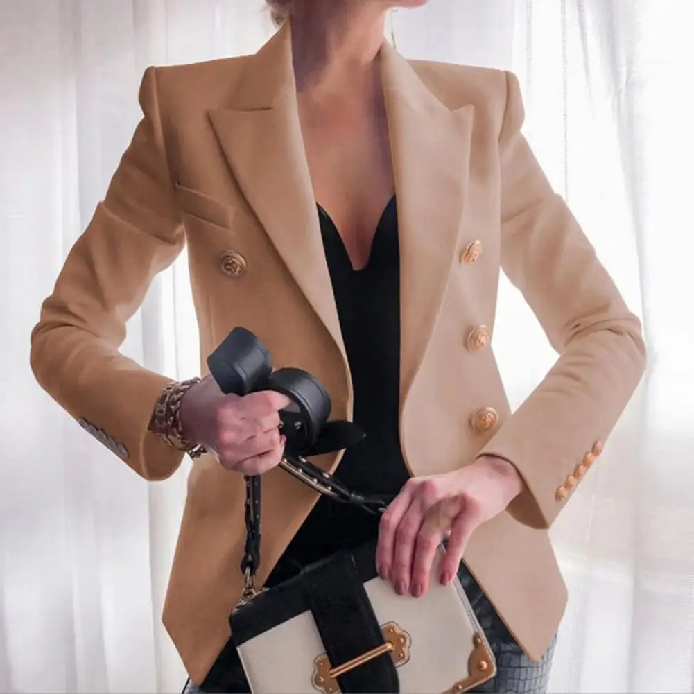 Women Suit Coat Lapel Long Sleeve Solid Color Suit Jacket Loose Fit Double Breasted Work Outwear Business Casual Wear