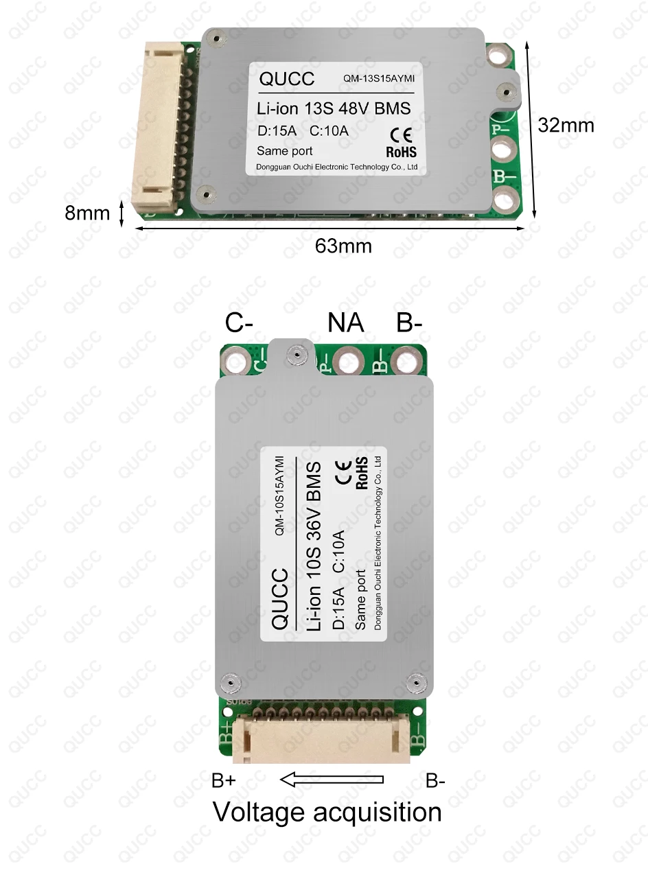 Qucc Li Ion 10S 13S 14S 15A 20A BMS 48V 36V 18650 Battery Pack Electric Toy Electric Scooter Electric Moped Power Battery BMS