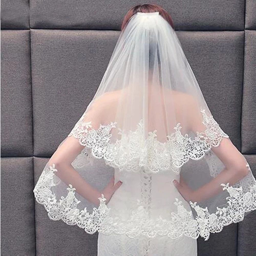 Elegante velo da sposa bianco o avorio a due strati velo di pizzo con punta delle dita per la sposa con pettine accessori da sposa Mantilla