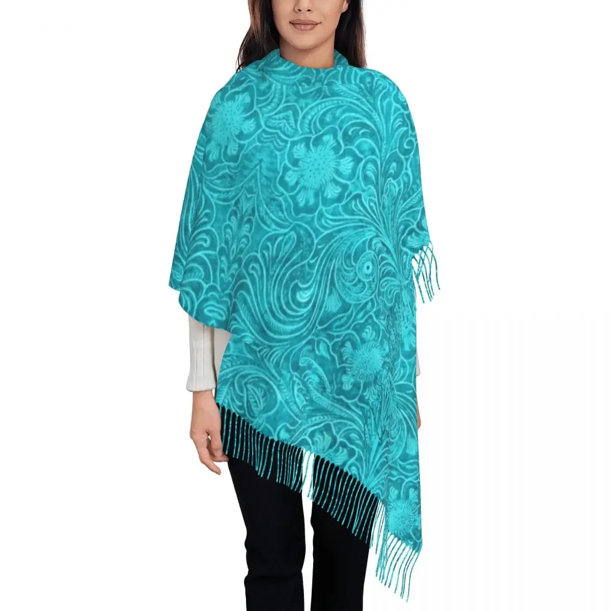 Fashion Turquoise Leather Texture Look Tassel Scarf Women Winter Warm Shawl Wrap Ladies Embossed Floral Pattern Scarves