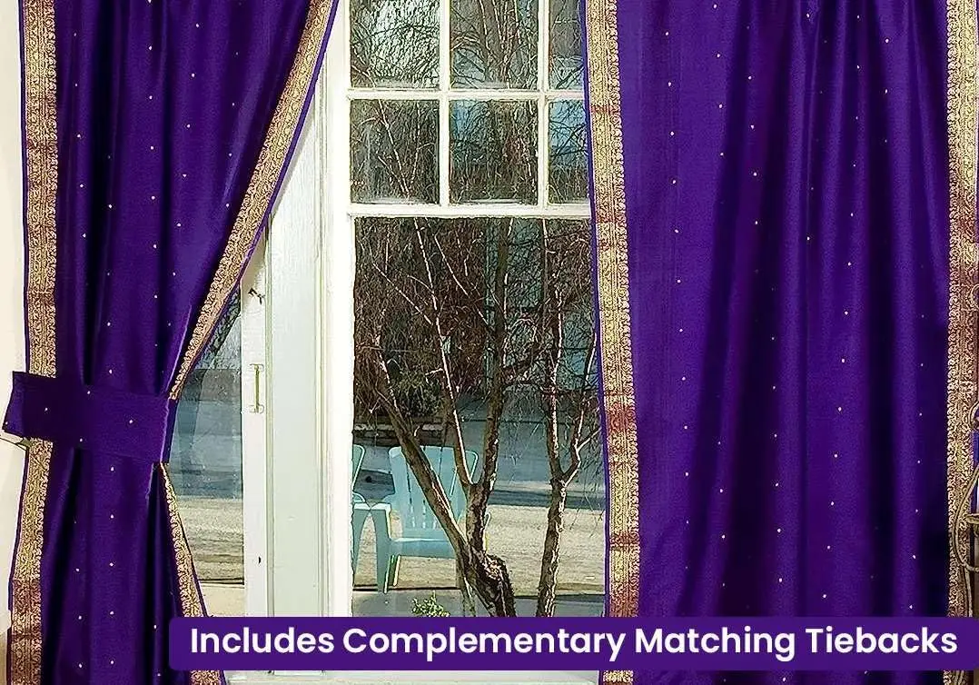 purple indian sari curtains with lined tab top and tiebacks, 60