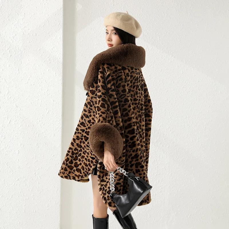 4 Colors Lady Loose Faux Fur Woolen Leopard Capes Women Winter Warm Thicken Batwing Sleeves Loose Cloak Streetwear Overcoat