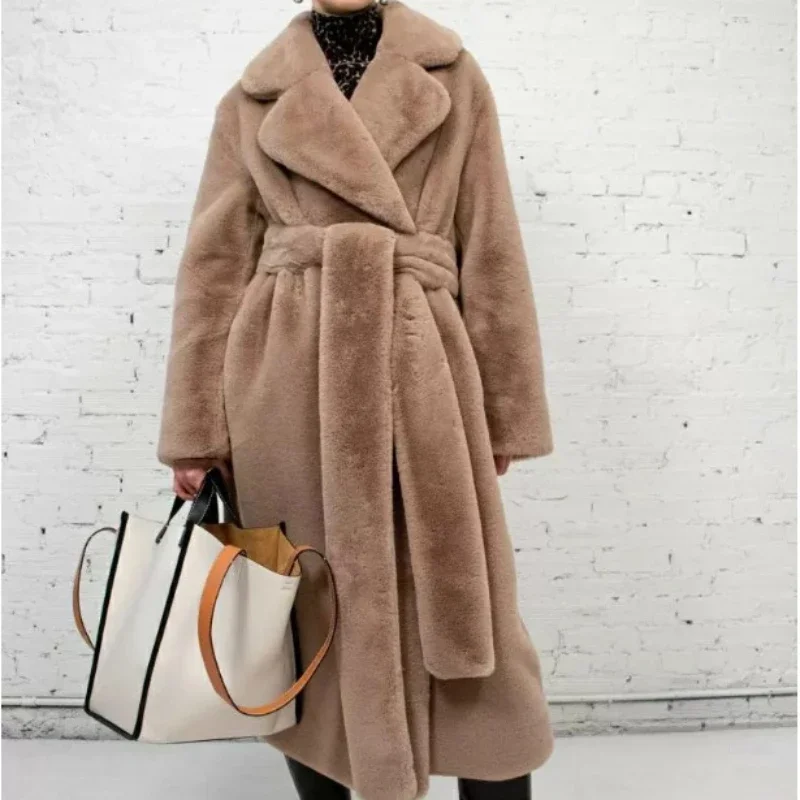 Chaqueta Maxi de piel sintética para mujer, abrigo grueso con cinturón para otoño e invierno, Parkas largas y cálidas con cinturón de lujo, Parkas negras de piel, prendas de vestir exteriores peludas