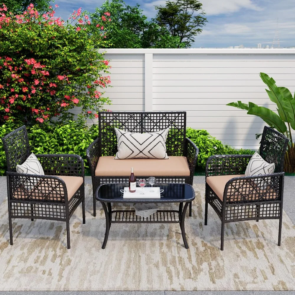 

4 Pieces Outdoor Patio Furniture Set, PE Rattan Wicker Garden Conversation Chairs with Tempered Glass Table and Soft Cushions.